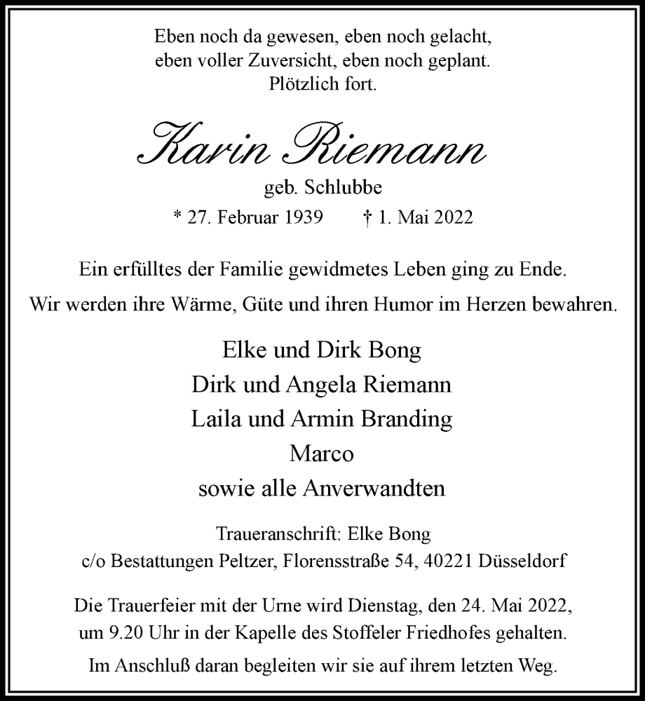  Traueranzeige für Karin Riemann vom 14.05.2022 aus Rheinische Post