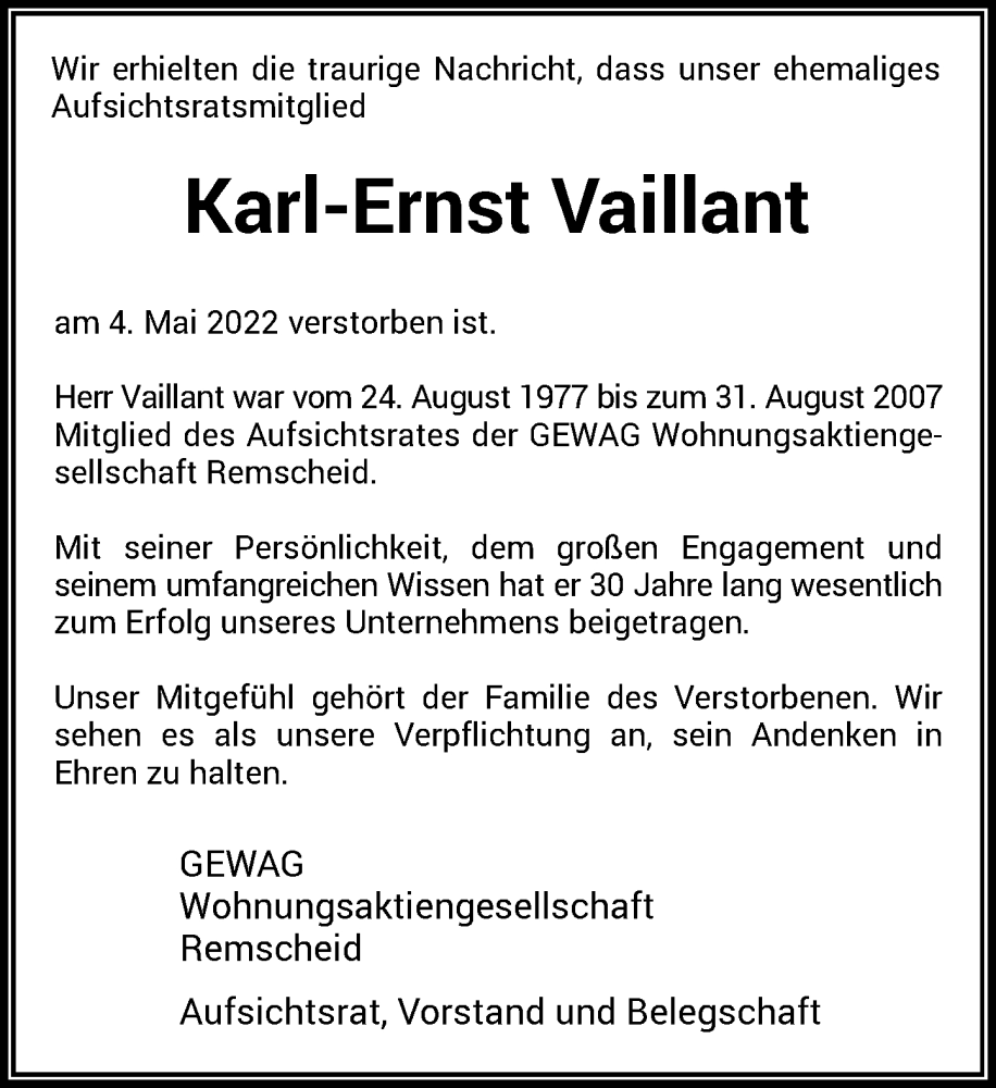  Traueranzeige für Karl-Ernst Vaillant vom 21.05.2022 aus Rheinische Post