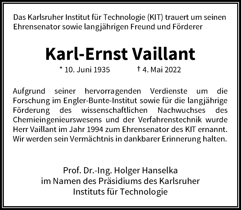  Traueranzeige für Karl-Ernst Vaillant vom 21.05.2022 aus Rheinische Post