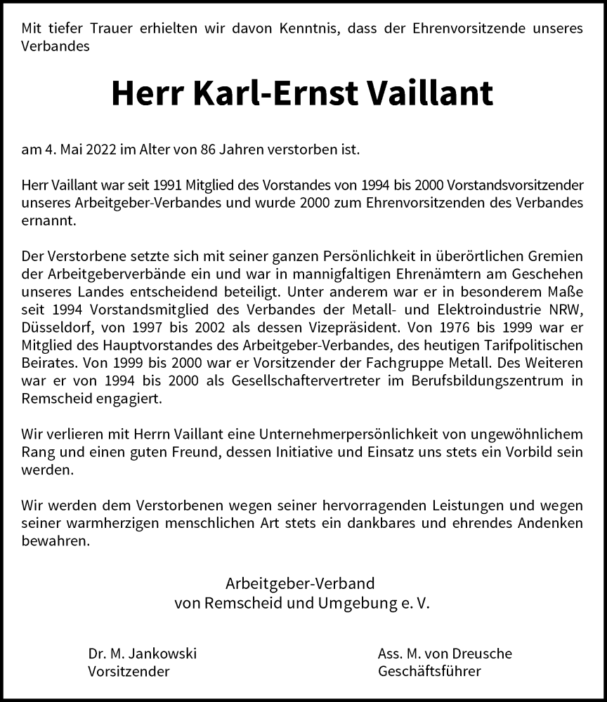  Traueranzeige für Karl-Ernst Vaillant vom 14.05.2022 aus Rheinische Post