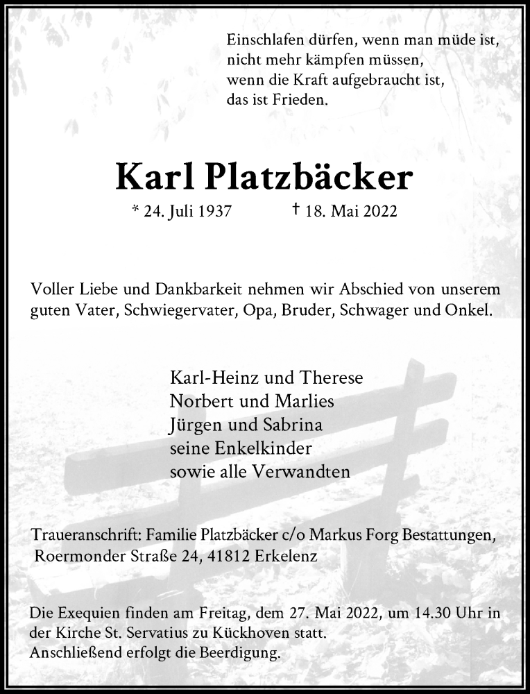  Traueranzeige für Karl Platzbäcker vom 24.05.2022 aus Rheinische Post