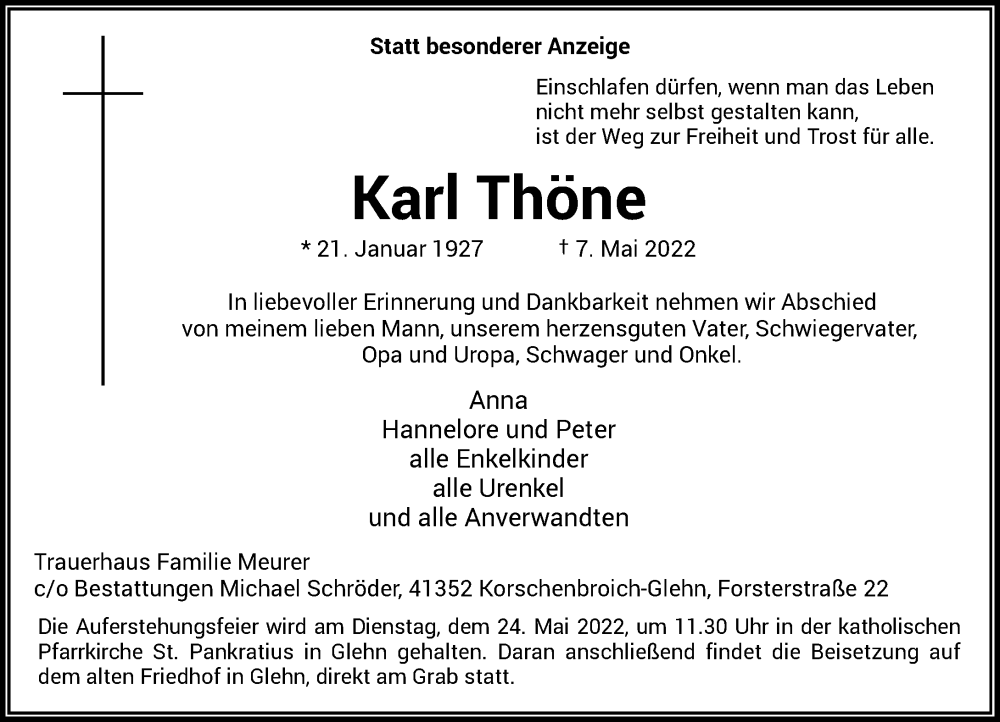  Traueranzeige für Karl Thöne vom 14.05.2022 aus Rheinische Post