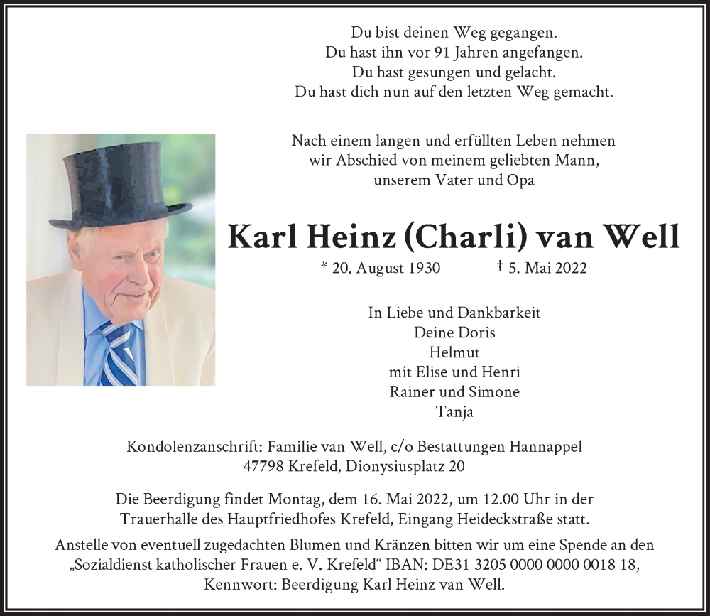  Traueranzeige für Karl Heinz van Well vom 14.05.2022 aus Rheinische Post