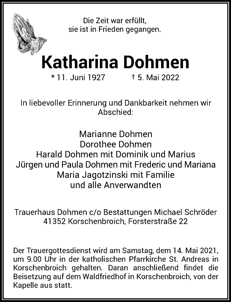  Traueranzeige für Katharina Dohmen vom 11.05.2022 aus Rheinische Post