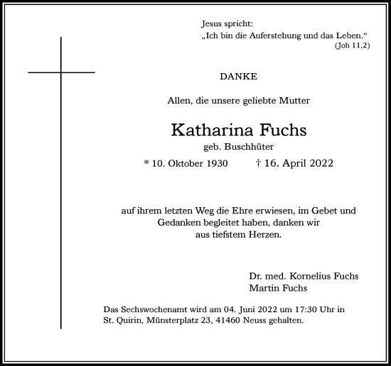 Traueranzeige von Katharina Fuchs von Rheinische Post