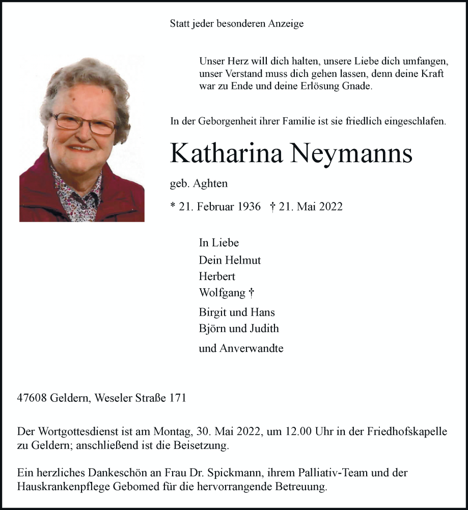  Traueranzeige für Katharina Neymanns vom 25.05.2022 aus Rheinische Post