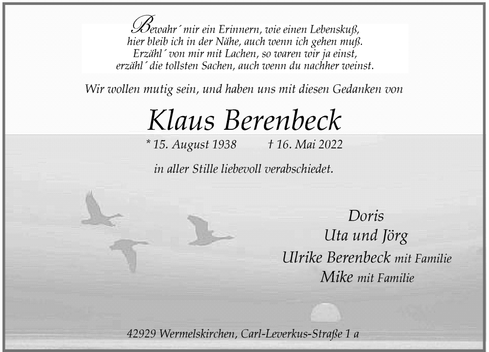  Traueranzeige für Klaus Berenbeck vom 25.05.2022 aus Rheinische Post