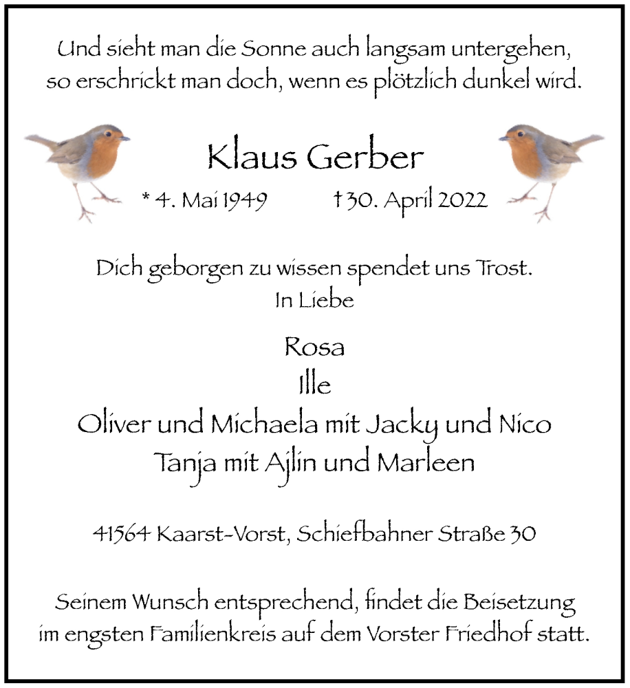  Traueranzeige für Klaus Gerber vom 07.05.2022 aus Rheinische Post