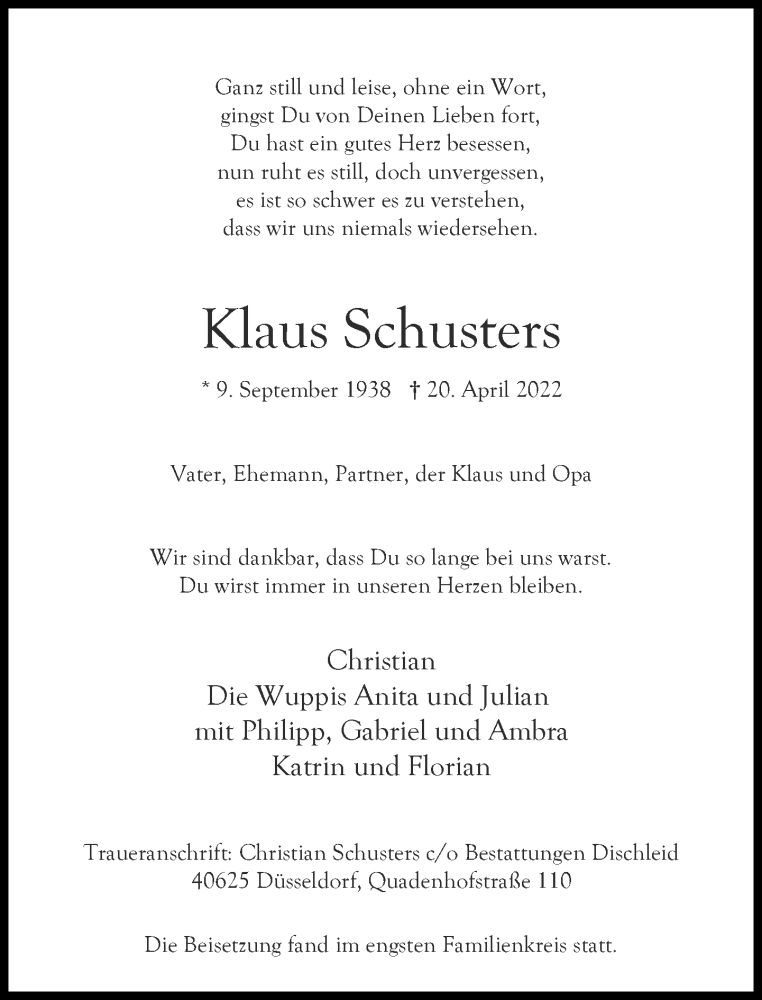  Traueranzeige für Klaus Schusters vom 21.05.2022 aus Rheinische Post