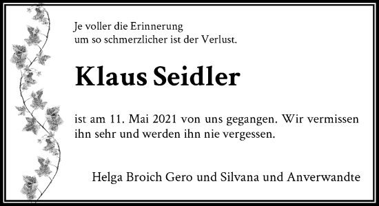 Traueranzeige von Klaus Seidler von Rheinische Post