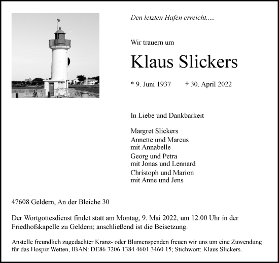 Traueranzeige von Klaus Slickers von Rheinische Post