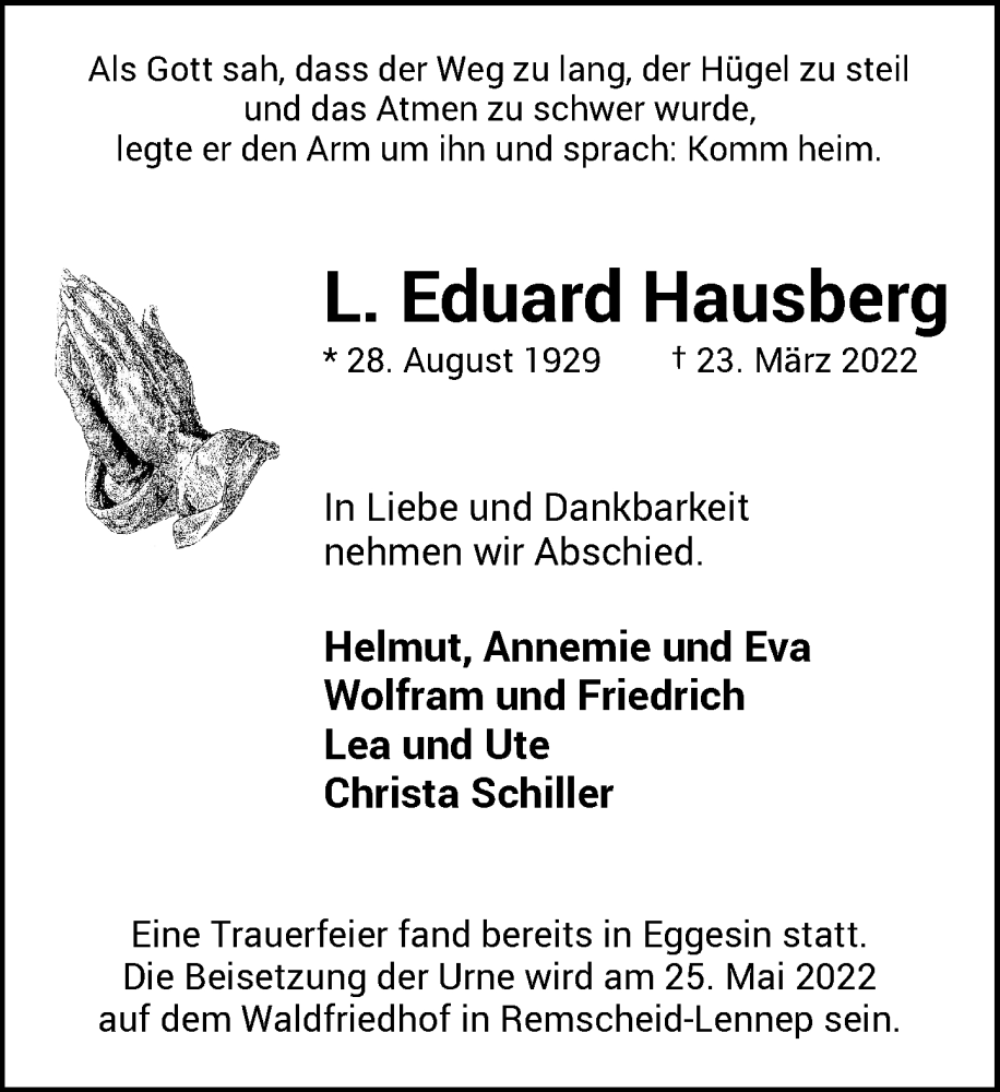  Traueranzeige für L. Eduard Hausberg vom 14.05.2022 aus Rheinische Post
