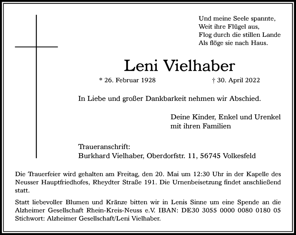  Traueranzeige für Leni Vielhaber vom 07.05.2022 aus Rheinische Post