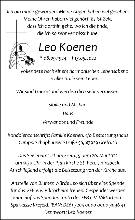 Traueranzeige von Leo Koenen von Rheinische Post