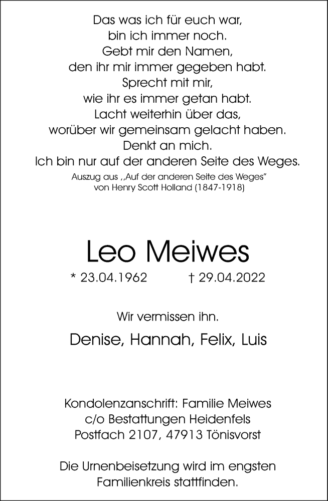  Traueranzeige für Leo Meiwes vom 07.05.2022 aus Rheinische Post