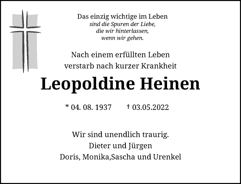 Traueranzeige für Leopoldine Heinen vom 11.05.2022 aus Rheinische Post