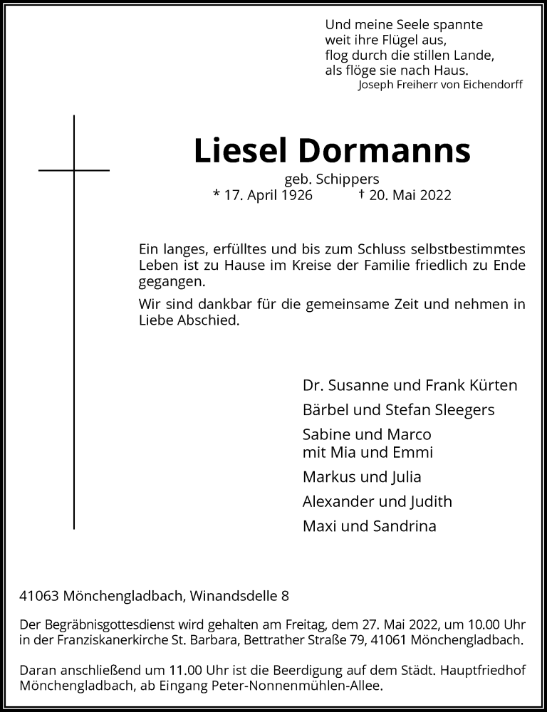  Traueranzeige für Liesel Dormanns vom 25.05.2022 aus Rheinische Post