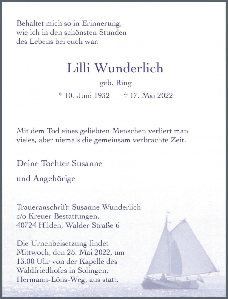  Traueranzeige für Lilli Wunderlich vom 21.05.2022 aus Rheinische Post