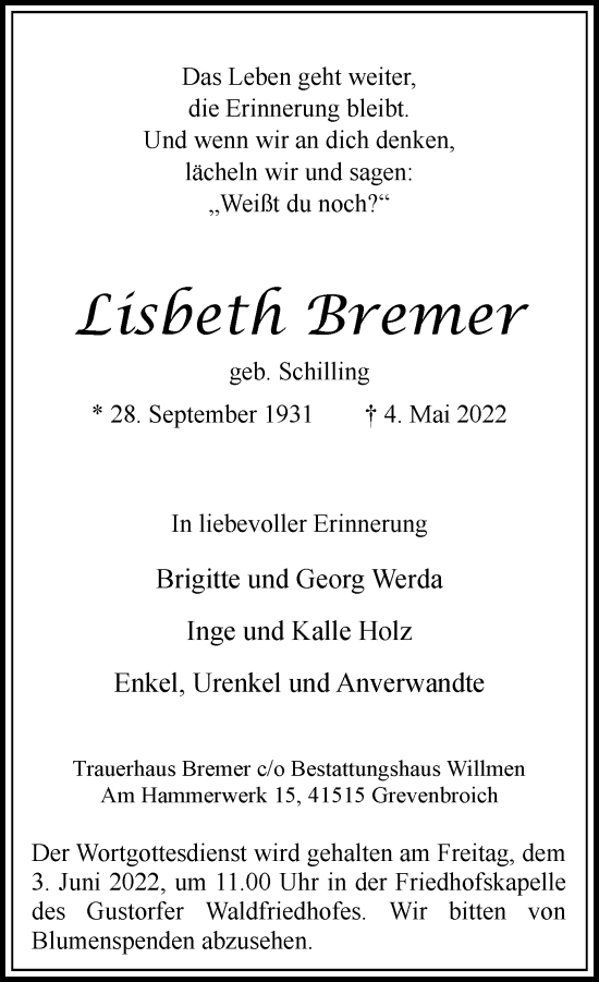 Traueranzeige von Lisbeth Bremer von Rheinische Post