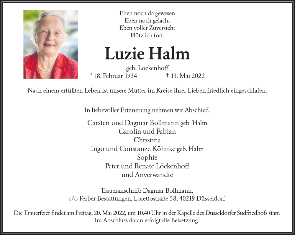  Traueranzeige für Luzie Halm vom 18.05.2022 aus Rheinische Post