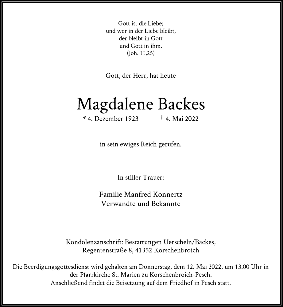  Traueranzeige für Magdalene Backes vom 07.05.2022 aus Rheinische Post