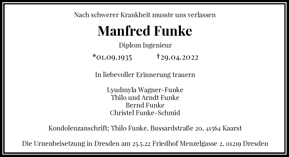  Traueranzeige für Manfred Funke vom 12.05.2022 aus Rheinische Post