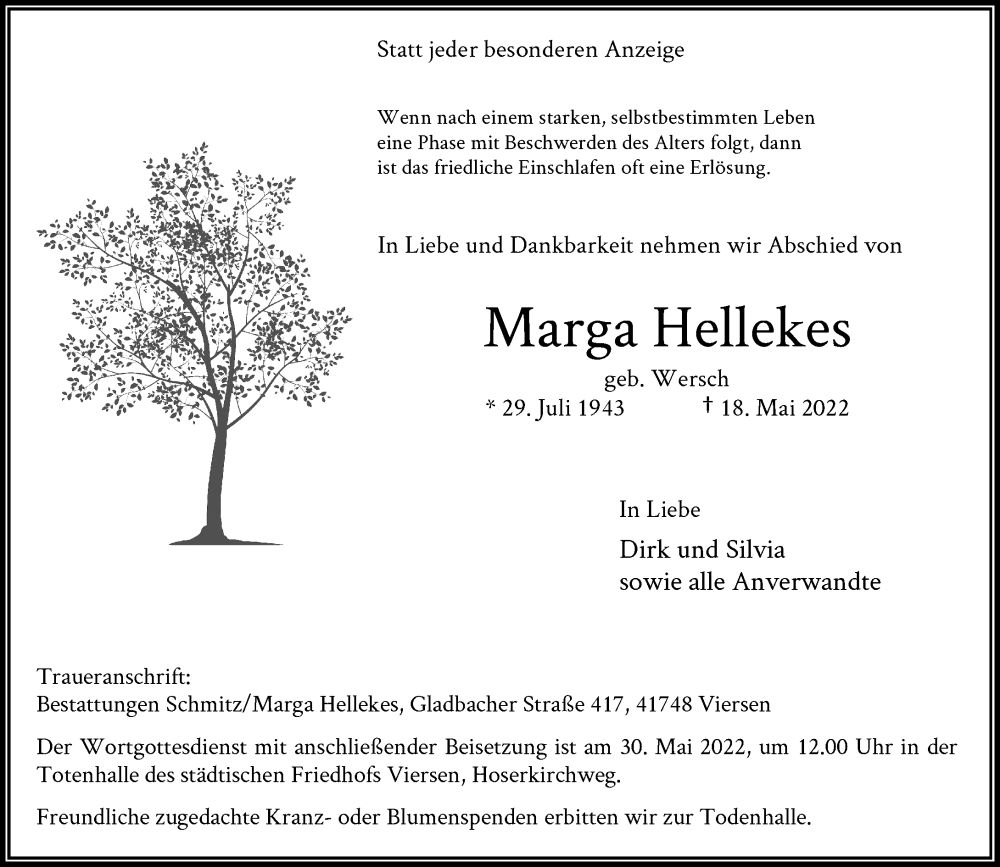  Traueranzeige für Marga Hellekes vom 28.05.2022 aus Rheinische Post