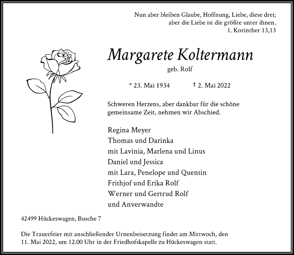  Traueranzeige für Margarete Koltermann vom 07.05.2022 aus Rheinische Post
