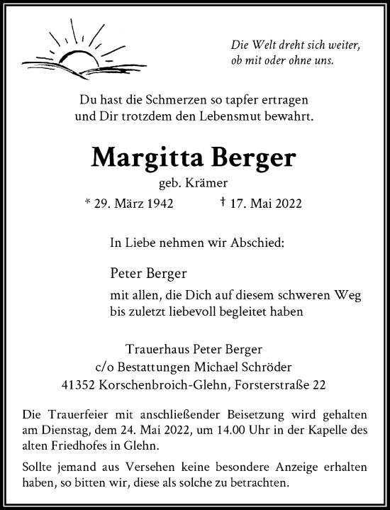 Traueranzeige von Margitta Berger von Rheinische Post