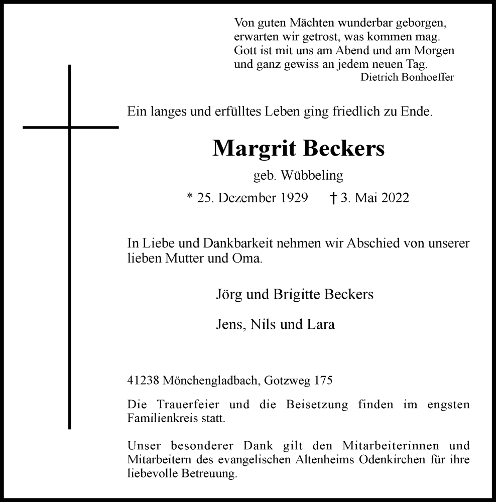  Traueranzeige für Margrit Beckers vom 14.05.2022 aus Rheinische Post