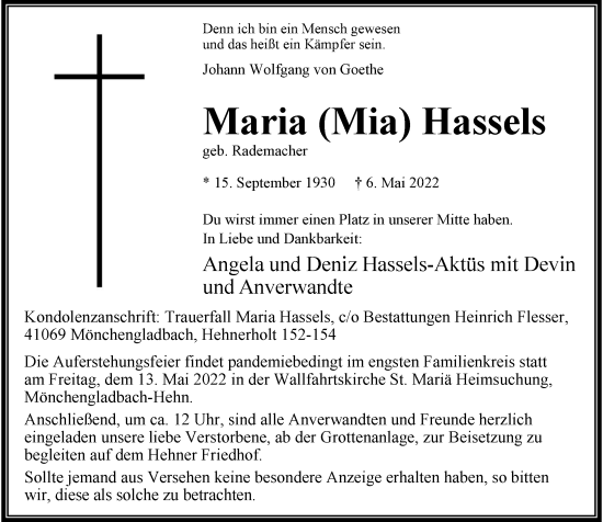Traueranzeige von Maria Hassels von Rheinische Post