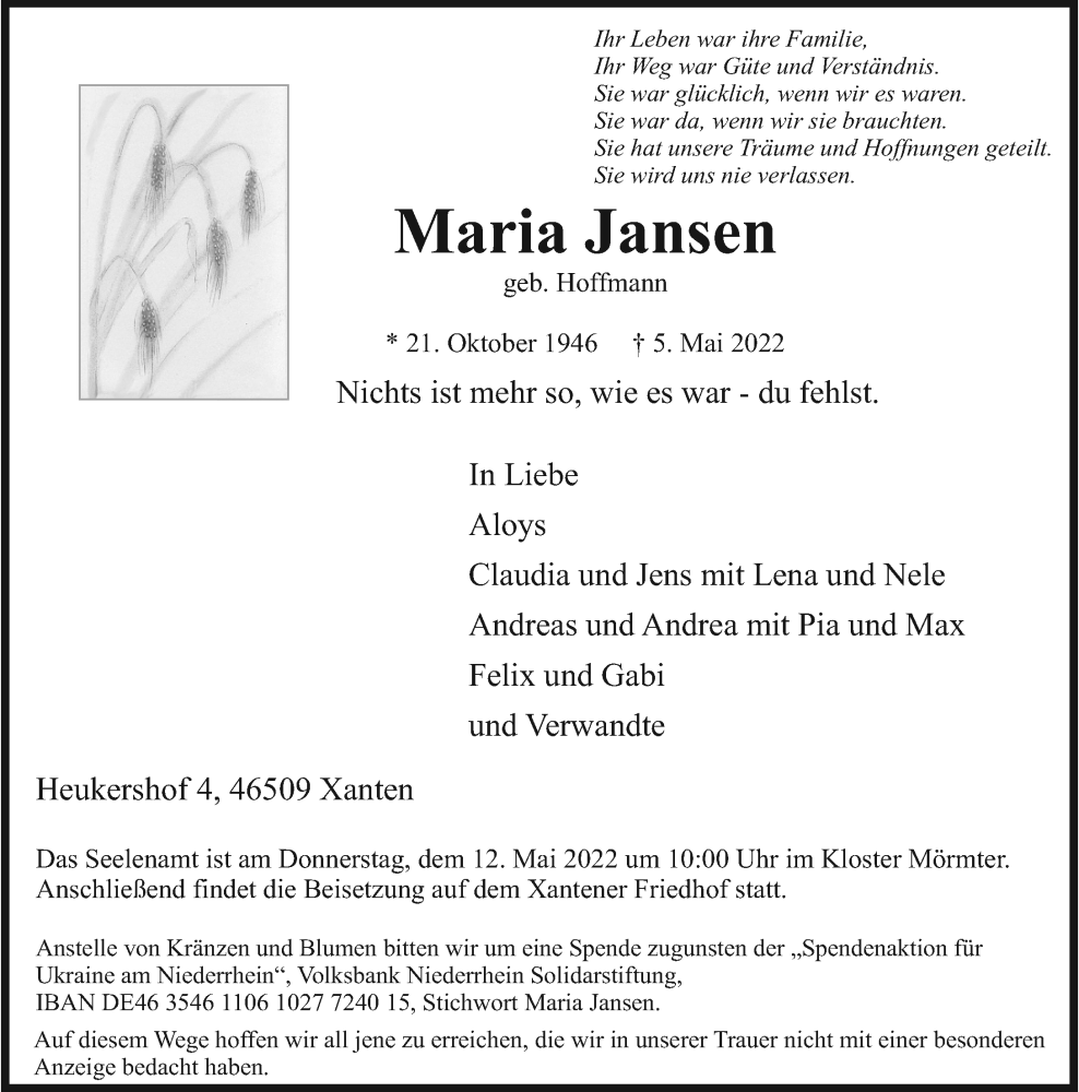  Traueranzeige für Maria Jansen vom 10.05.2022 aus Rheinische Post