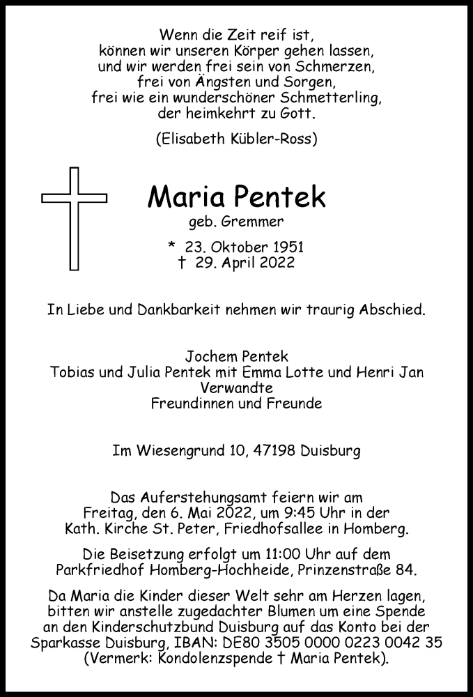  Traueranzeige für Maria Pentek vom 04.05.2022 aus Rheinische Post