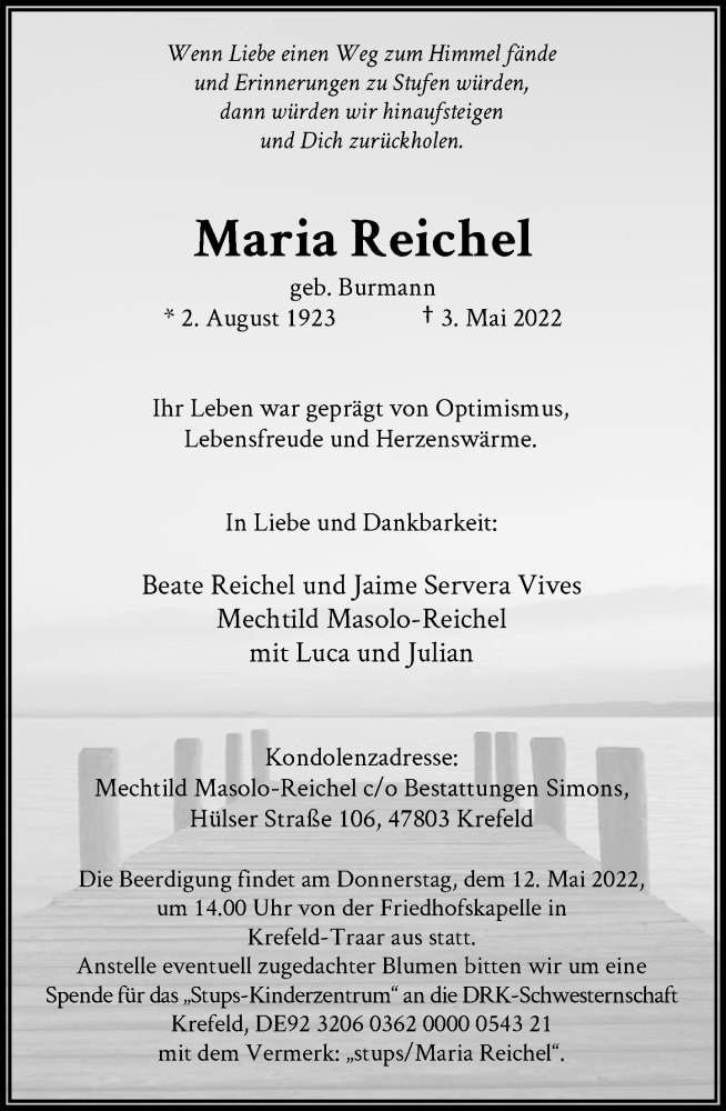  Traueranzeige für Maria Reichel vom 07.05.2022 aus Rheinische Post