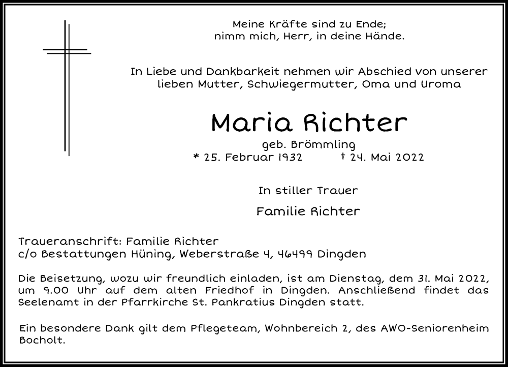  Traueranzeige für Maria Richter vom 28.05.2022 aus Rheinische Post