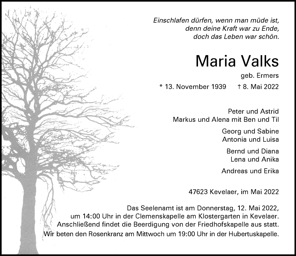  Traueranzeige für Maria Valks vom 10.05.2022 aus Rheinische Post