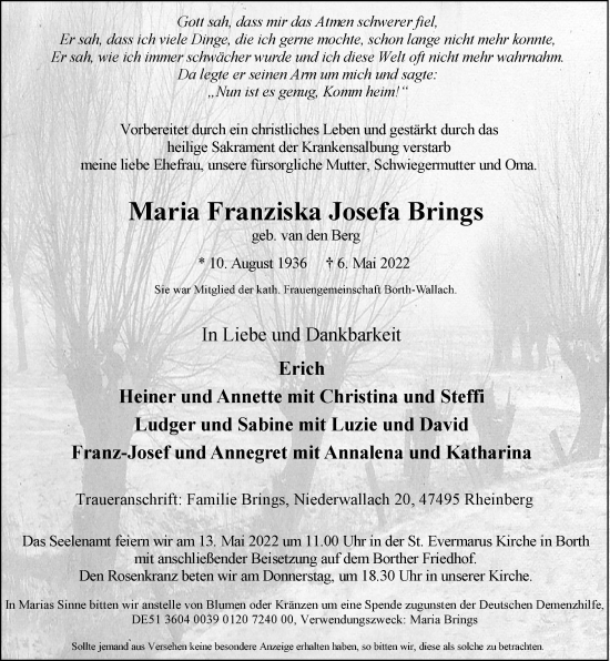 Traueranzeige von Maria Franziska Josefa Brings von Rheinische Post