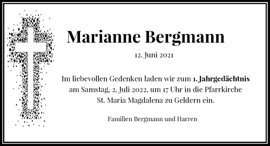 Traueranzeige von Marianne Bergmann von Rheinische Post