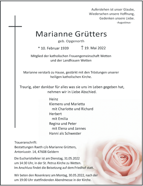 Traueranzeige von Marianne Grütters von Rheinische Post