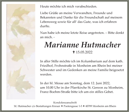 Traueranzeige von Marianne Hutmacher von Rheinische Post