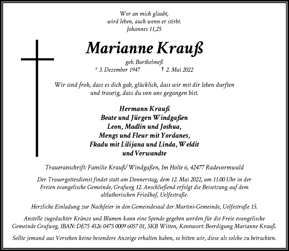  Traueranzeige für Marianne Krauß vom 07.05.2022 aus Rheinische Post