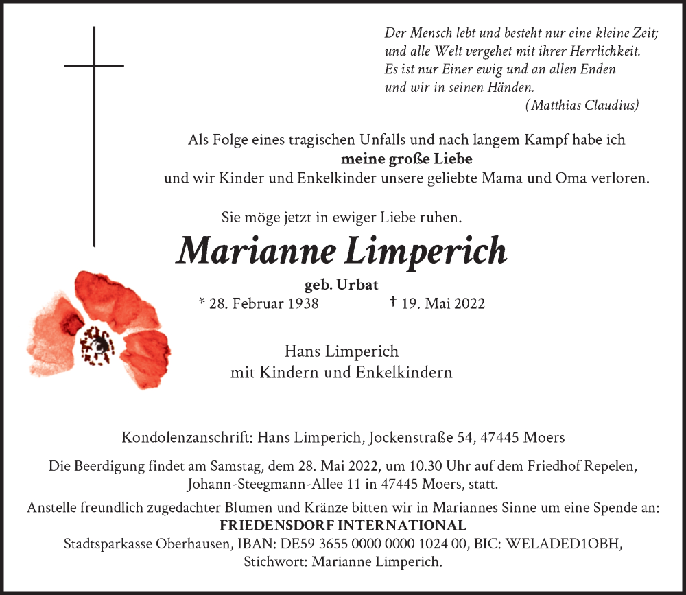  Traueranzeige für Marianne Limperich vom 25.05.2022 aus Rheinische Post
