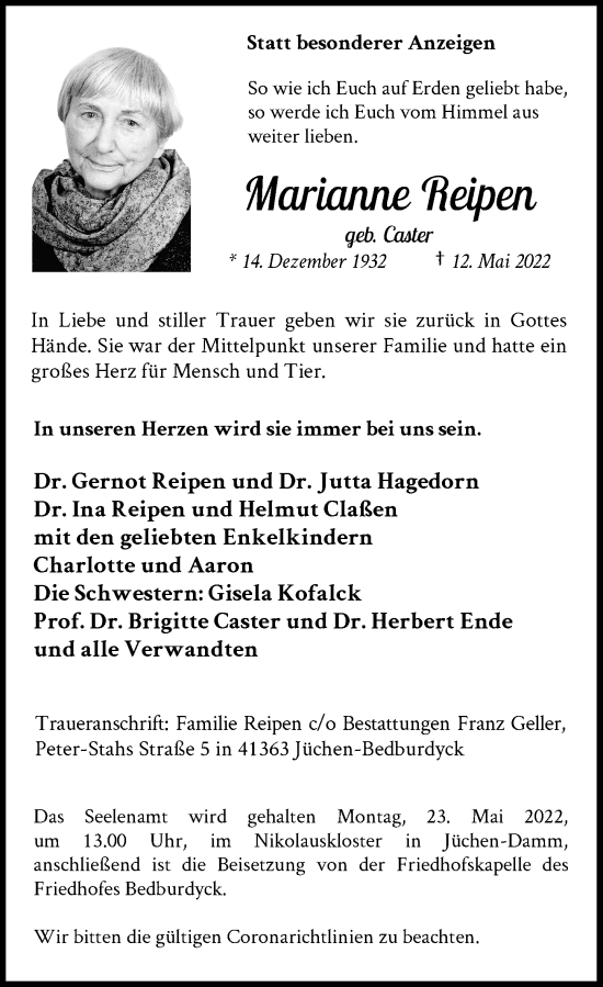 Traueranzeige von Marianne Weipen von Rheinische Post