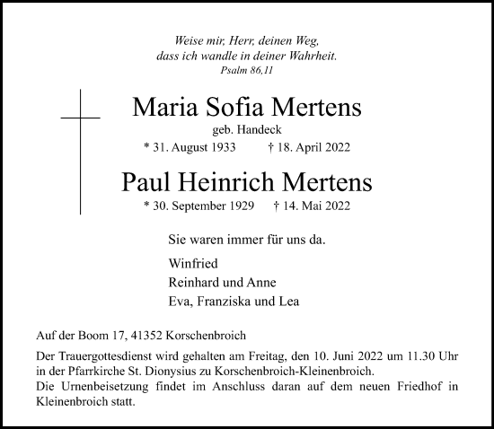 Traueranzeige von Maria Sofia und Paul Heinrich Mertens von Rheinische Post