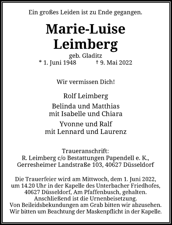 Traueranzeige von Marie-Luise Leimberg von Rheinische Post