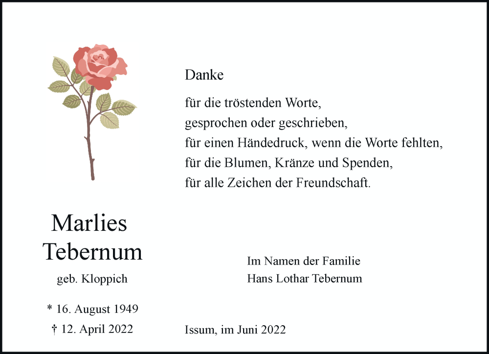  Traueranzeige für Marlies Tebernum vom 04.06.2022 aus Rheinische Post