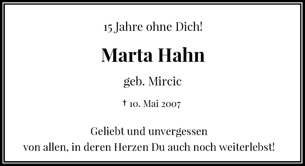  Traueranzeige für Marta Hahn vom 14.05.2022 aus Rheinische Post