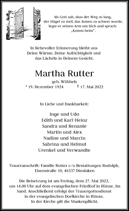 Traueranzeige von Martha Rutter von Rheinische Post
