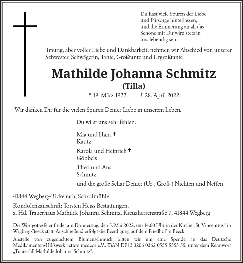  Traueranzeige für Mathilde Johanna Schmitz vom 03.05.2022 aus Rheinische Post