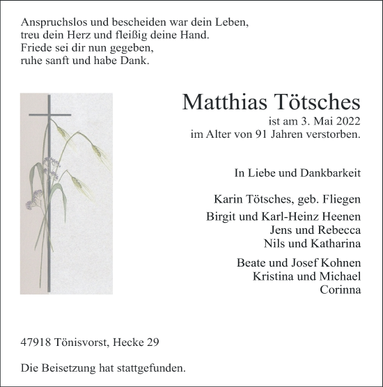 Traueranzeige von Matthias Tötsches von Rheinische Post